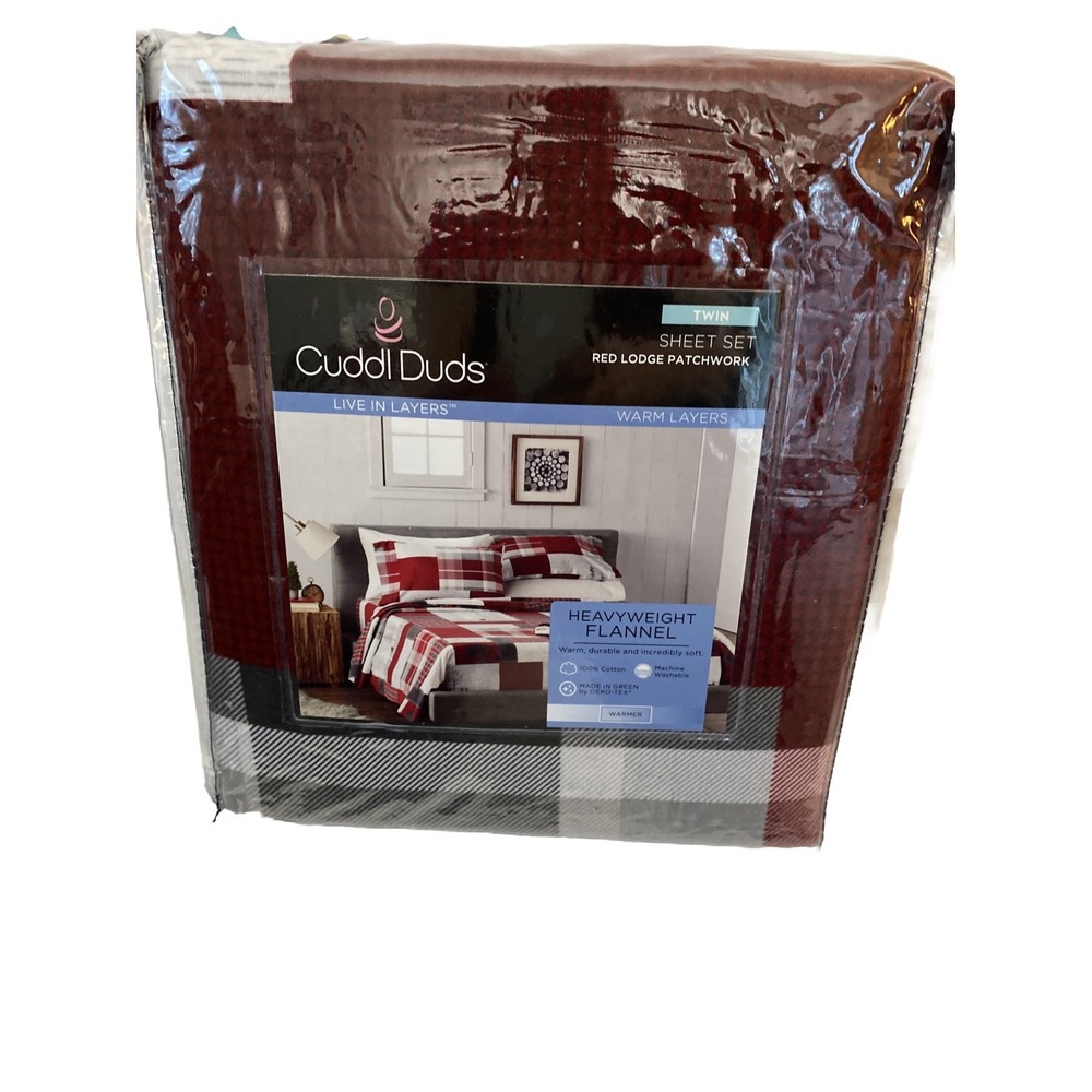 Cuddleduds Heavyweight Flannel Twin Shelf Set Red Lodge Patchwork NIP Holidays